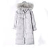 Gray long puffer coat flat lay with fur-trim hood and zip front