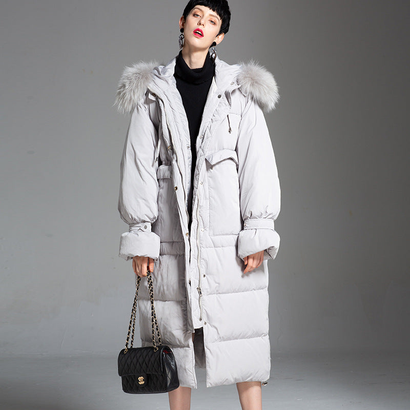Gray long puffer coat front open, fur hood, straight front view