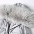 Raccoon-fur hood close-up on gray long puffer coat