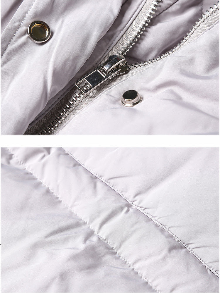 Gray puffer coat zipper and snap placket with quilting detail