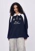 Women’s navy polo collar long sleeve t-shirt with embroidered Heart and Soul text