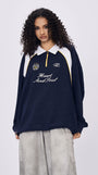 Women’s navy polo collar long sleeve t-shirt with embroidered Heart and Soul text