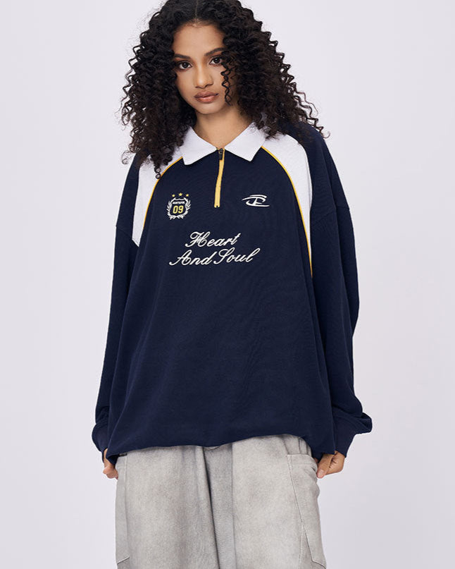 Women’s navy polo collar long sleeve t-shirt with embroidered Heart and Soul text