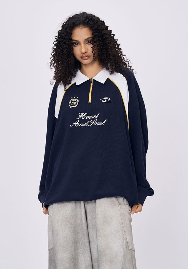 Women’s navy polo collar long sleeve t-shirt with embroidered Heart and Soul text