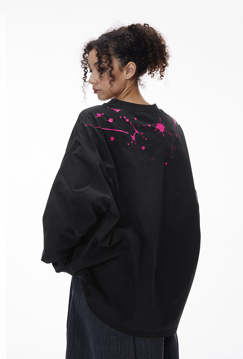 Woman back view black "NO More Ideas" oversized graphic long sleeve tee