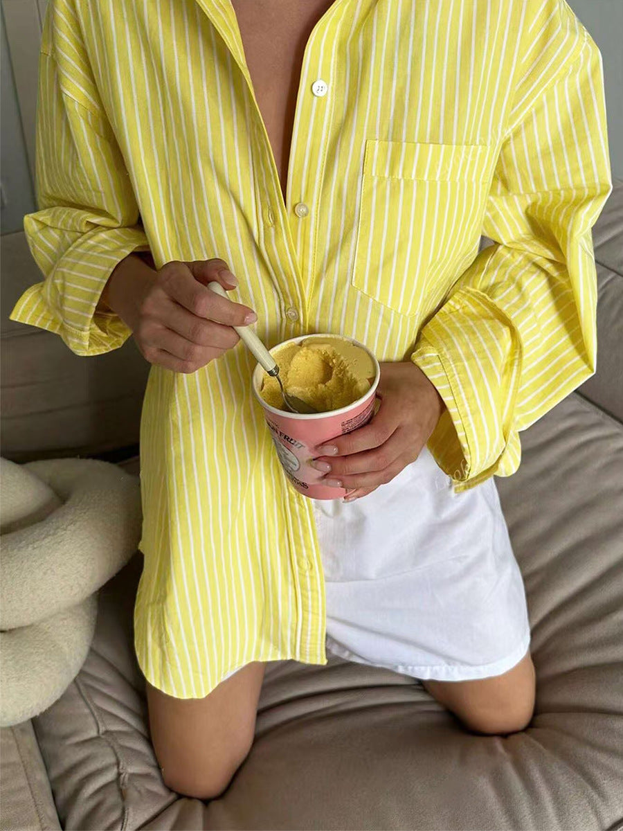 Women’s oversized striped yellow button down shirt lounge wear