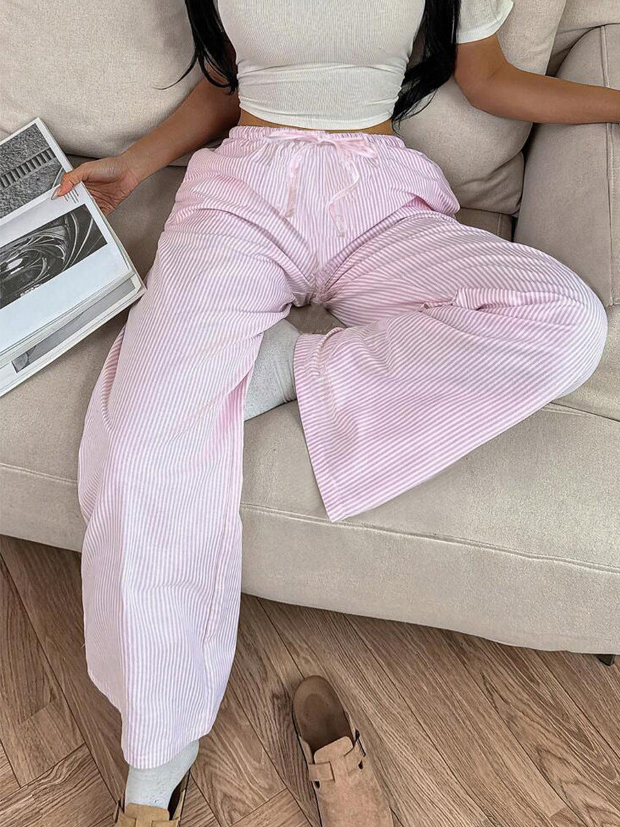 Lightweight pink striped wide leg pants casual streetwear outfit