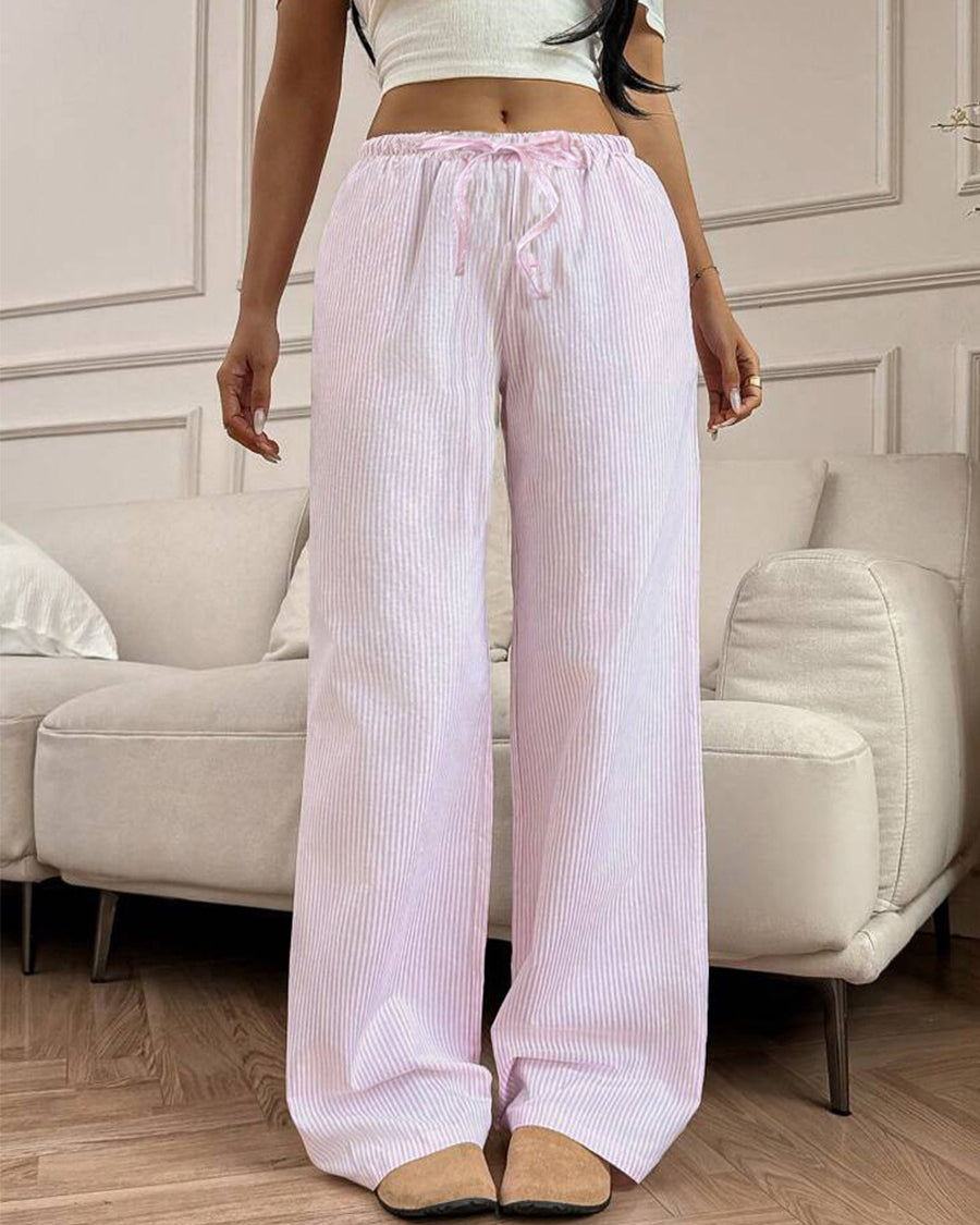 Women’s pink striped wide leg pants with drawstring waist casual fit