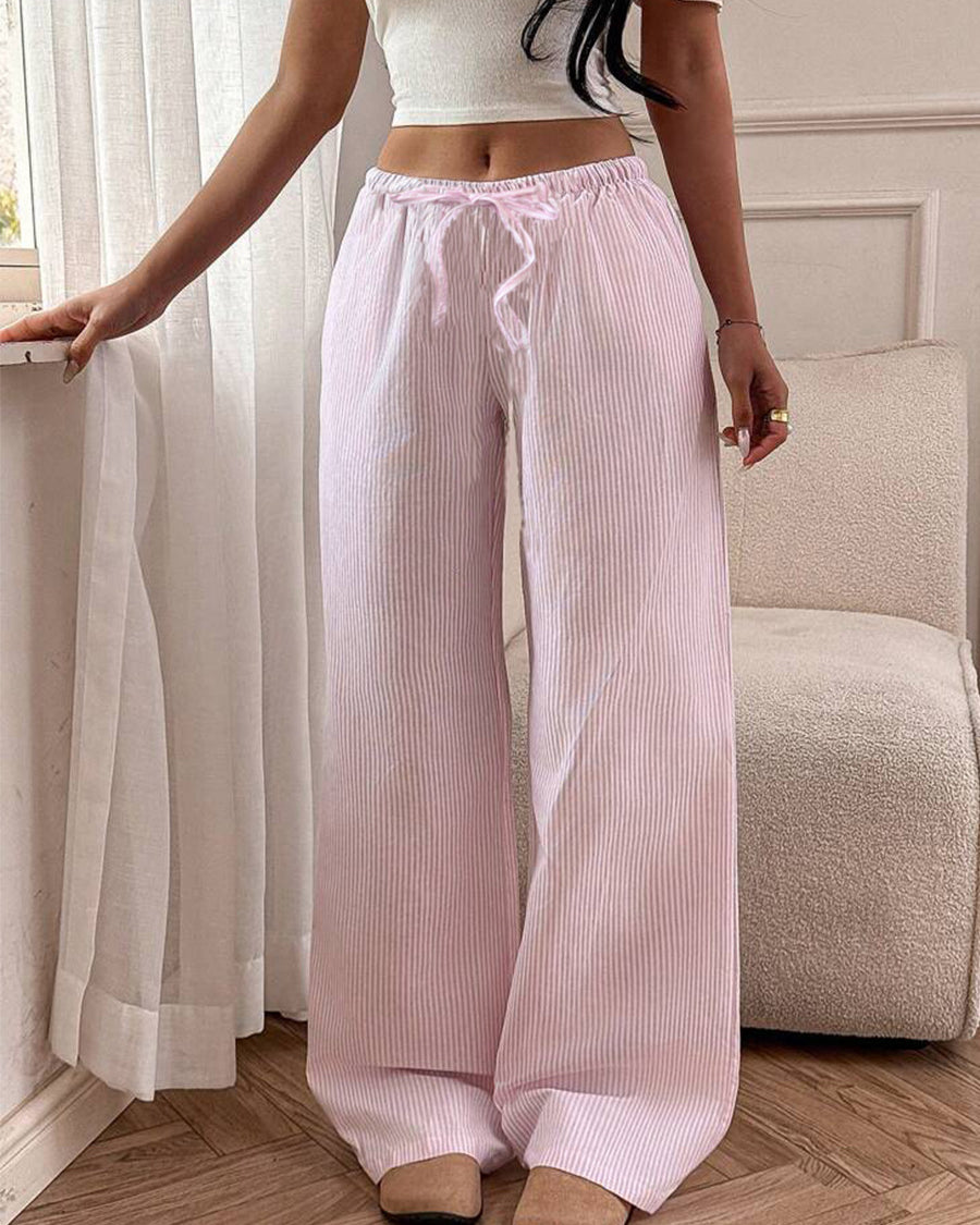 Pink striped lounge trousers wide leg relaxed straight style for women