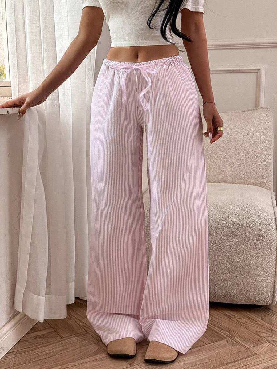 Pink striped lounge trousers wide leg relaxed straight style for women