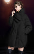 Side view of black down coat with high neck and hidden snap closure