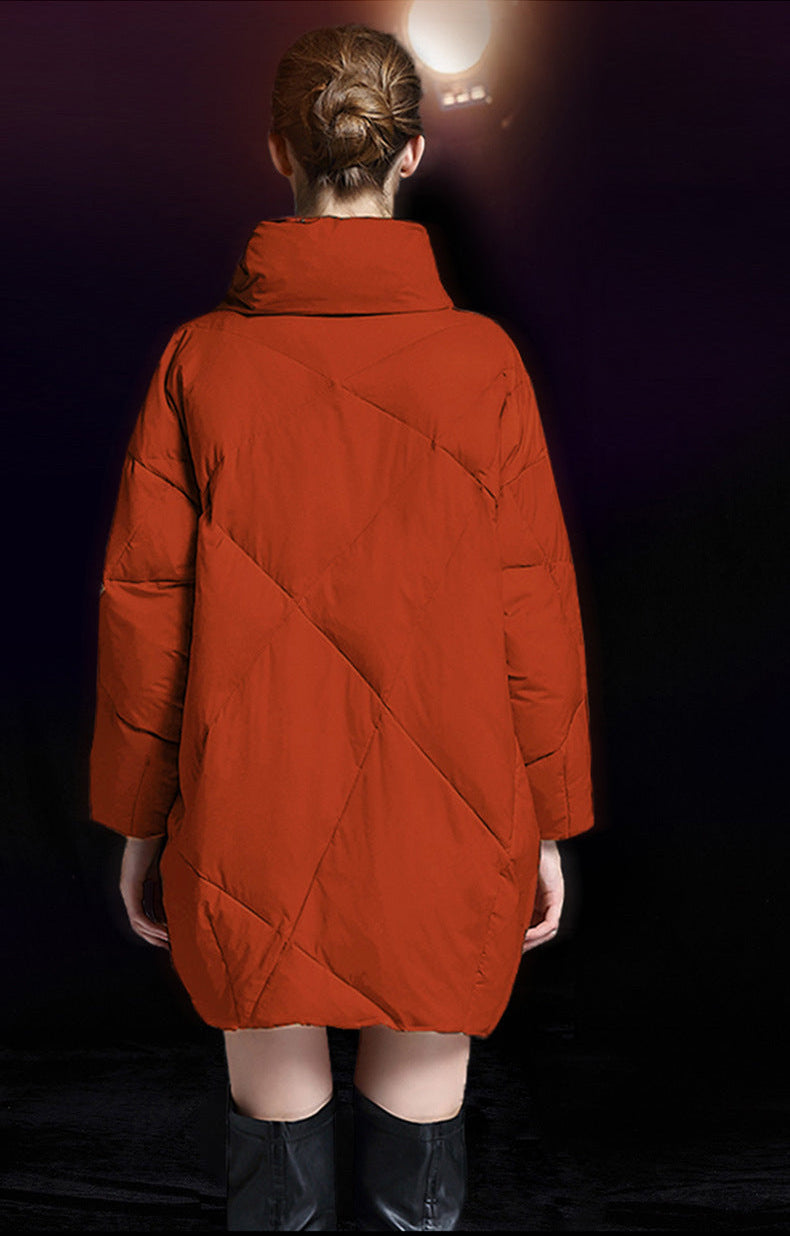 Back view of red down jacket showing quilted pattern