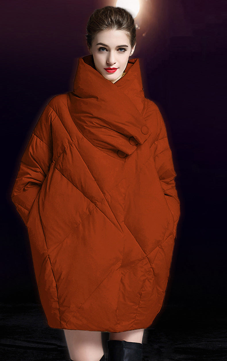 Front view of red down jacket showing quilted pattern