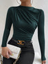 side angle, green ruched long sleeve top for women, slim fit with draped neckline