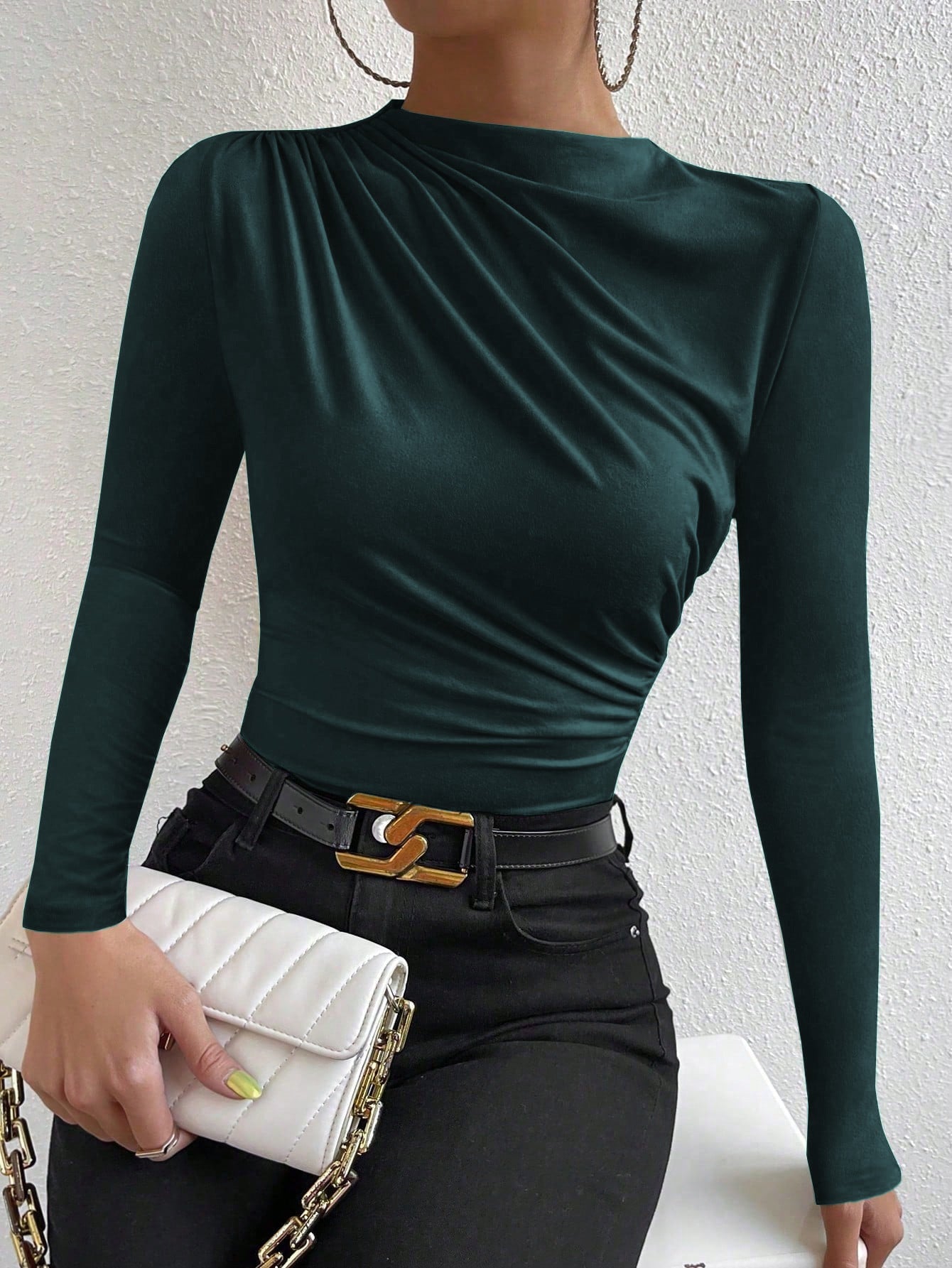 side angle, green ruched long sleeve top for women, slim fit with draped neckline