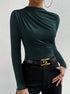 close front pose, slim fit green ruched knit top, crew neck, long sleeves, styled with black jeans