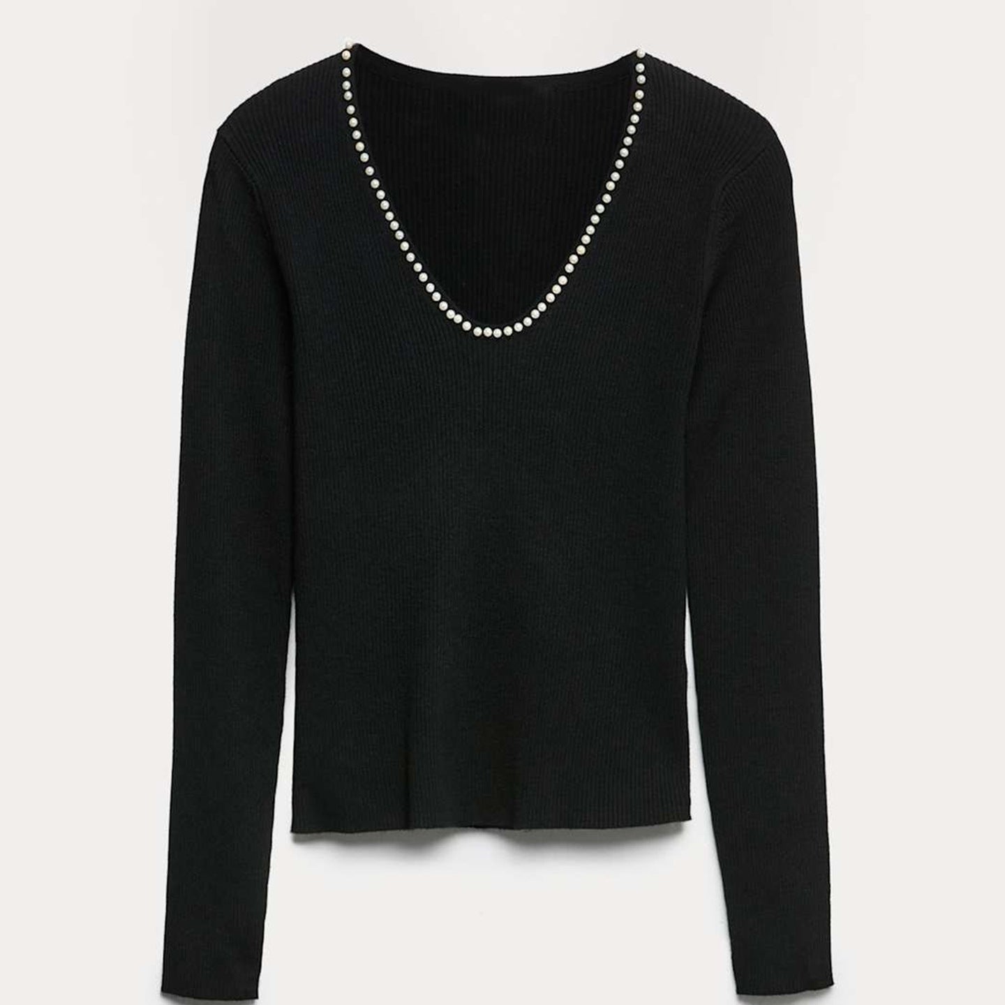 Black V-neck long sleeve knit top with pearl neckline, slim fit, polyester rib, studio flat lay front.