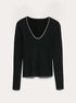Black V-neck long sleeve knit top with pearl neckline, slim fit, polyester rib, studio flat lay front.