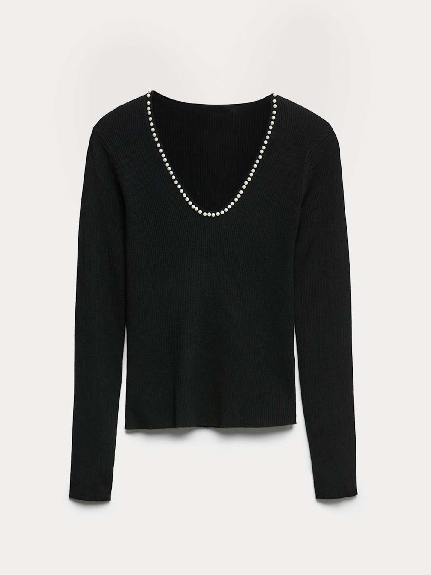 Black V-neck long sleeve knit top with pearl neckline, slim fit, polyester rib, studio flat lay front.
