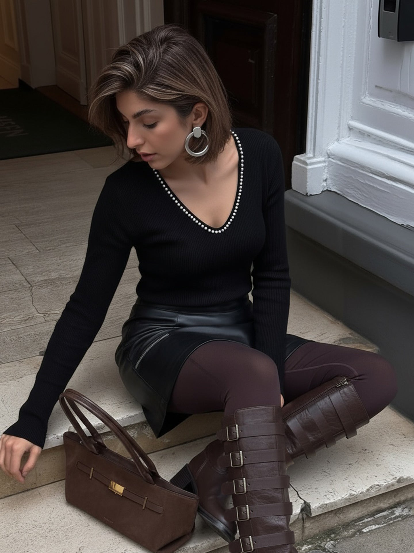Model seated on steps wearing black V-neck pearl-trim knit top, long sleeves, slim fit, with mini skirt and knee boots.