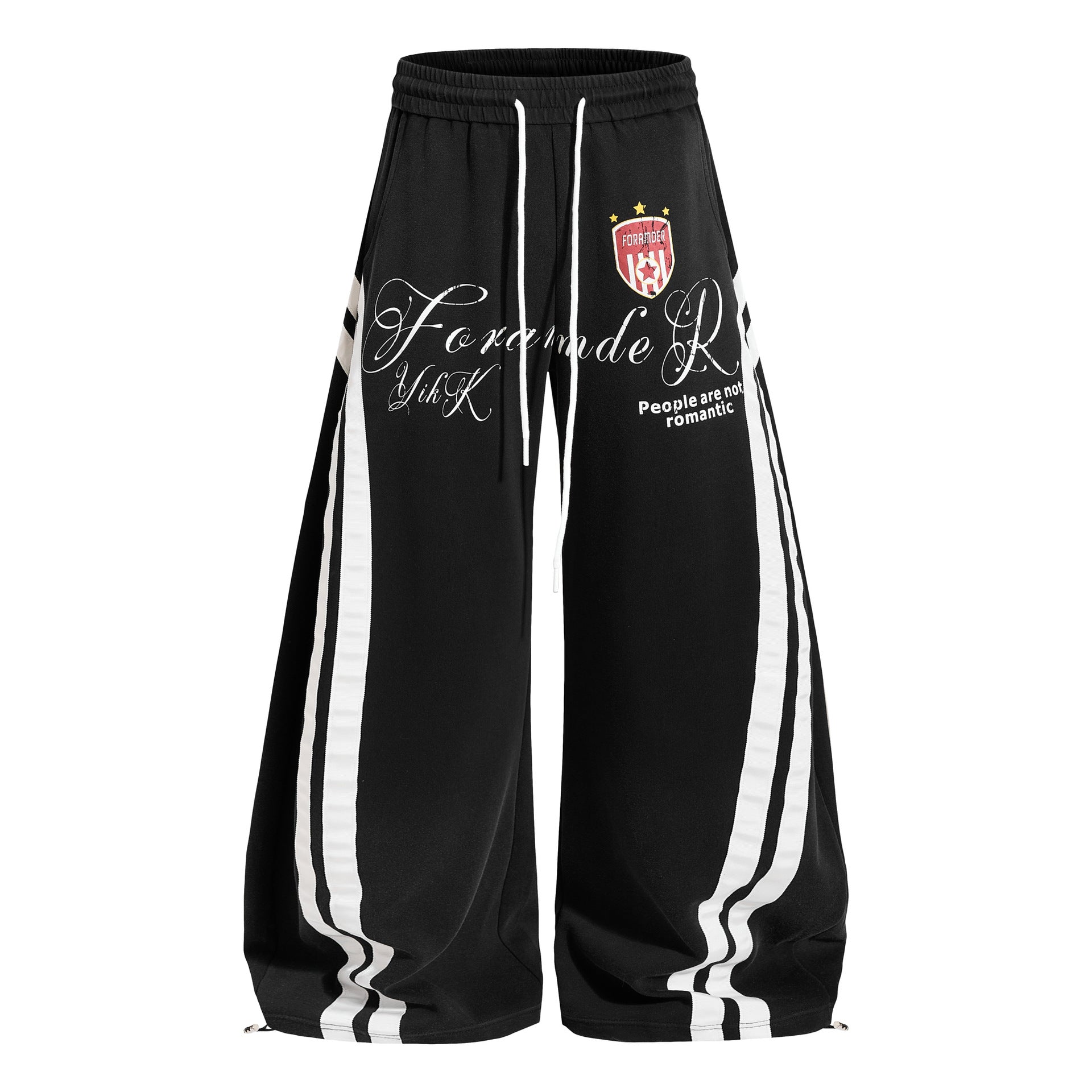 Product shot of black 65% cotton vintage curved leg sweatpants with double side stripes and graphic detail.