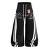 Product shot of black 65% cotton vintage curved leg sweatpants with double side stripes and graphic detail.