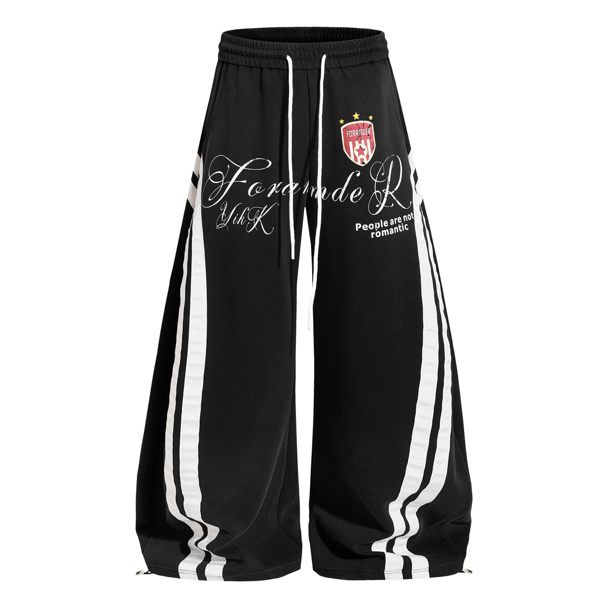 Product shot of black 65% cotton vintage curved leg sweatpants with double side stripes and graphic detail.