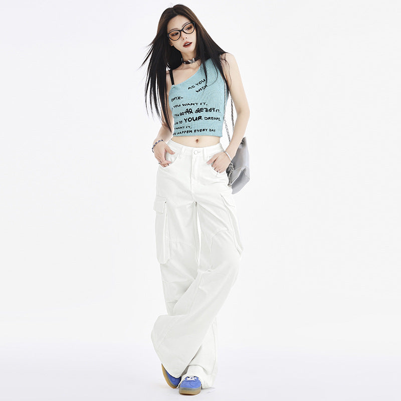 Loose fit white cargo jeans for women styled with crop top