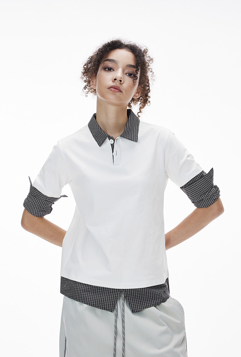 Women’s white layered long sleeve polo shirt with plaid sleeves, trendy oversized school outfit