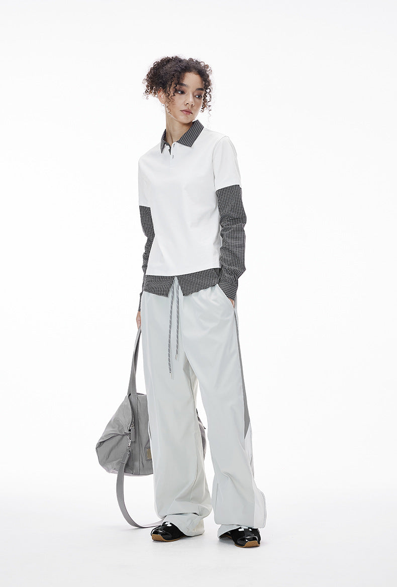 Women’s white layered polo t-shirt with gray plaid sleeves, oversized streetwear back-to-school top