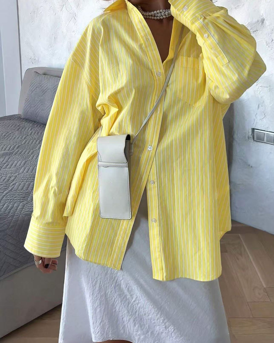 Women’s yellow striped oversized button down shirt casual style