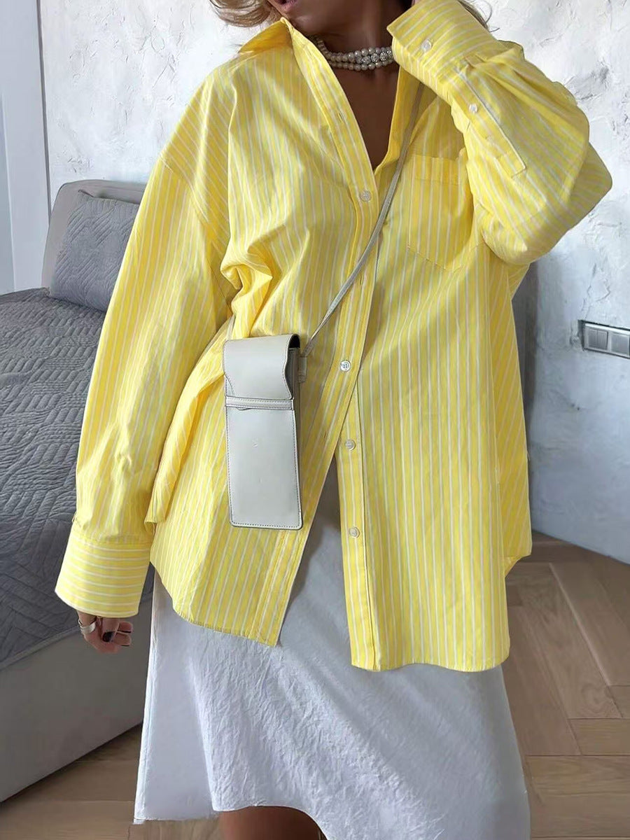 Women’s yellow striped oversized button down shirt casual style