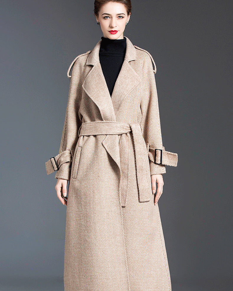 Beige long wool coat for women with belt and lapel collar