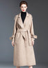 Beige long wool coat for women with belt and lapel collar
