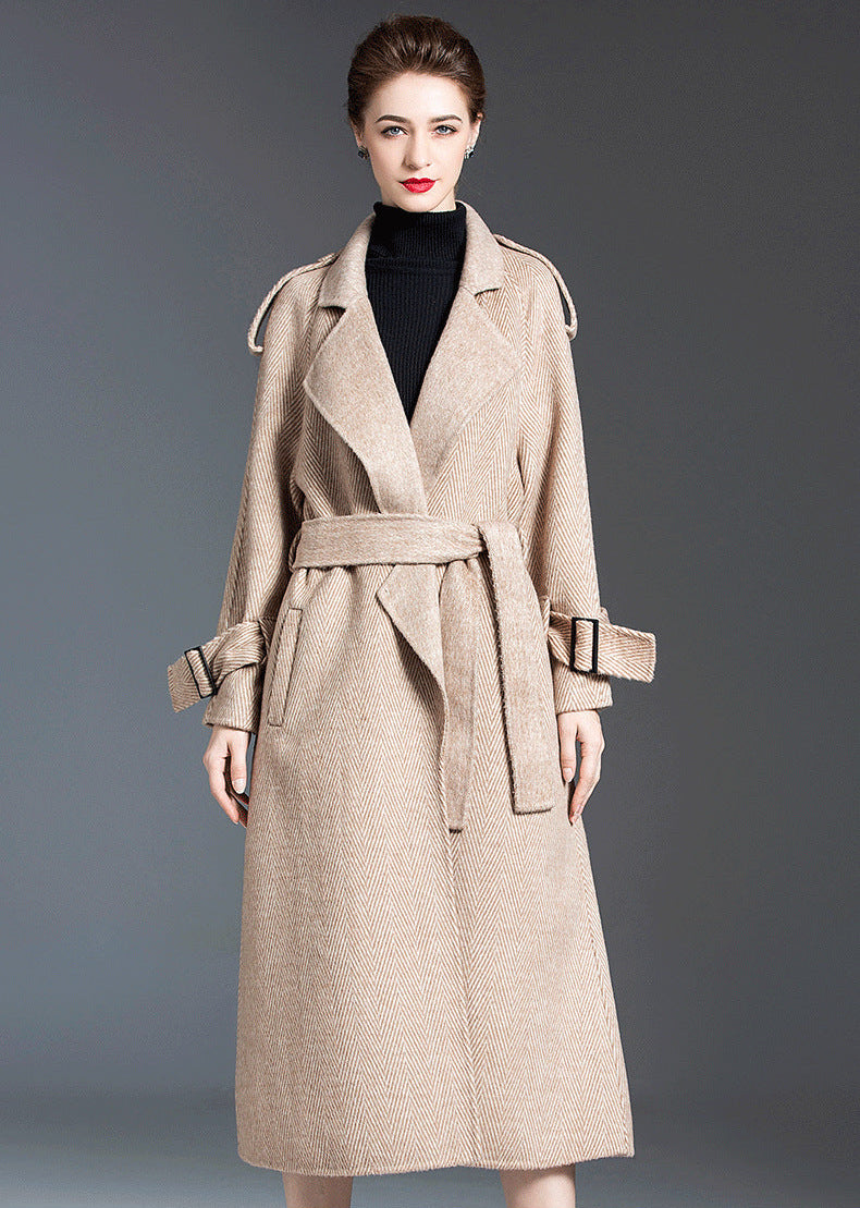 Beige long wool coat for women with belt and lapel collar