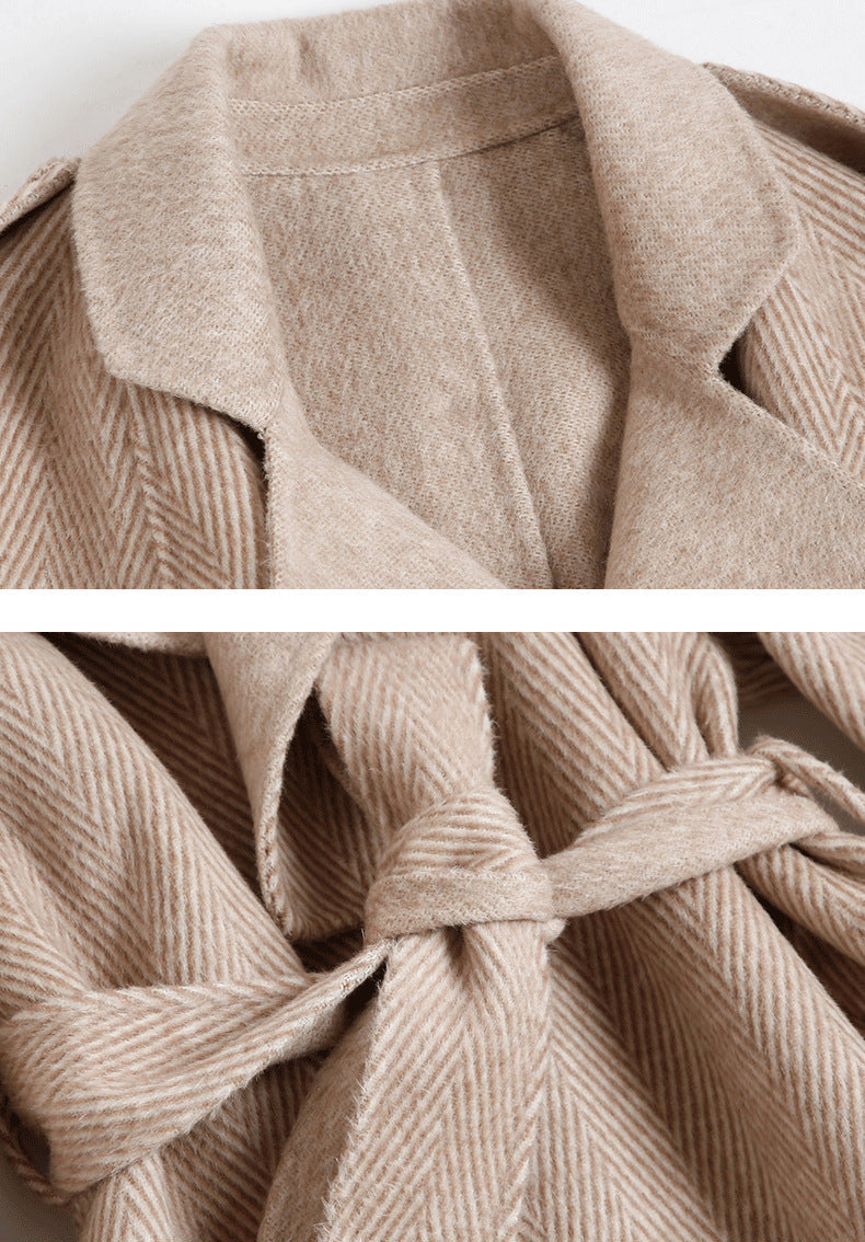 Close-up of lapel collar and fabric texture of wool blend coat
