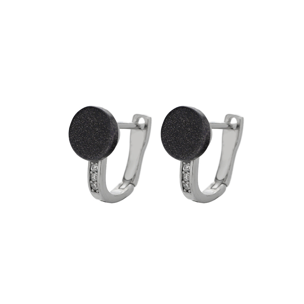 Front view of silver stud earrings with glitter black stones.
