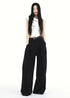 Black wide-leg trousers styled with white crop top, front and back views.
