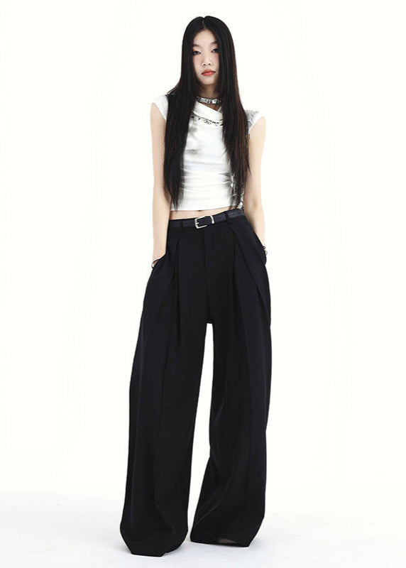 Black wide-leg trousers styled with white crop top, front and back views.