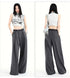 Gray pleated wide-leg trousers shown from front and back.