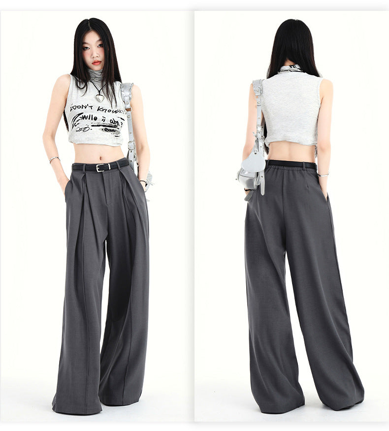 Gray pleated wide-leg trousers shown from front and back.