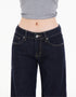 Close-up of waistband and front button of low-rise flared jeans