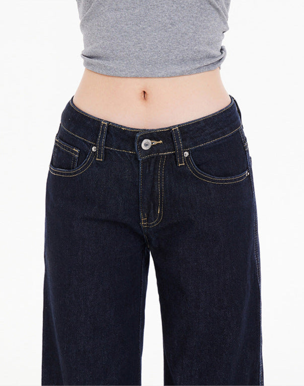 Close-up of waistband and front button of low-rise flared jeans