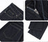 Close-up shots of front pocket, zipper fly, back pocket, and hem of dark blue jeans
