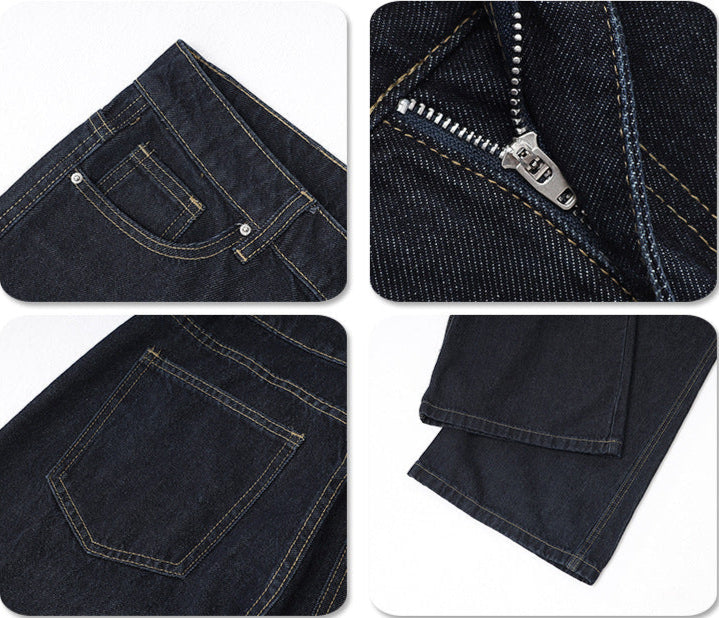 Close-up shots of front pocket, zipper fly, back pocket, and hem of dark blue jeans