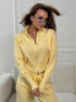 Yellow knit 2 piece outfit with zip jacket and straight wide leg pants