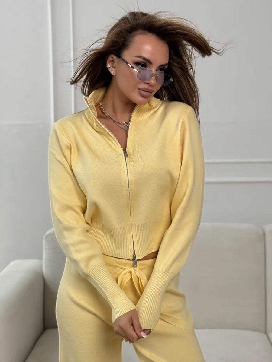 Yellow knit 2 piece outfit with zip jacket and straight wide leg pants