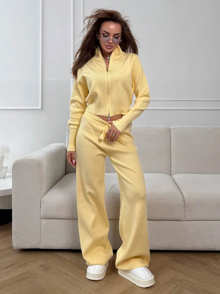 Yellow knit 2 piece set with zip jacket and relaxed wide leg pants