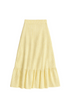 Flat lay of yellow midi ruffle skirt.