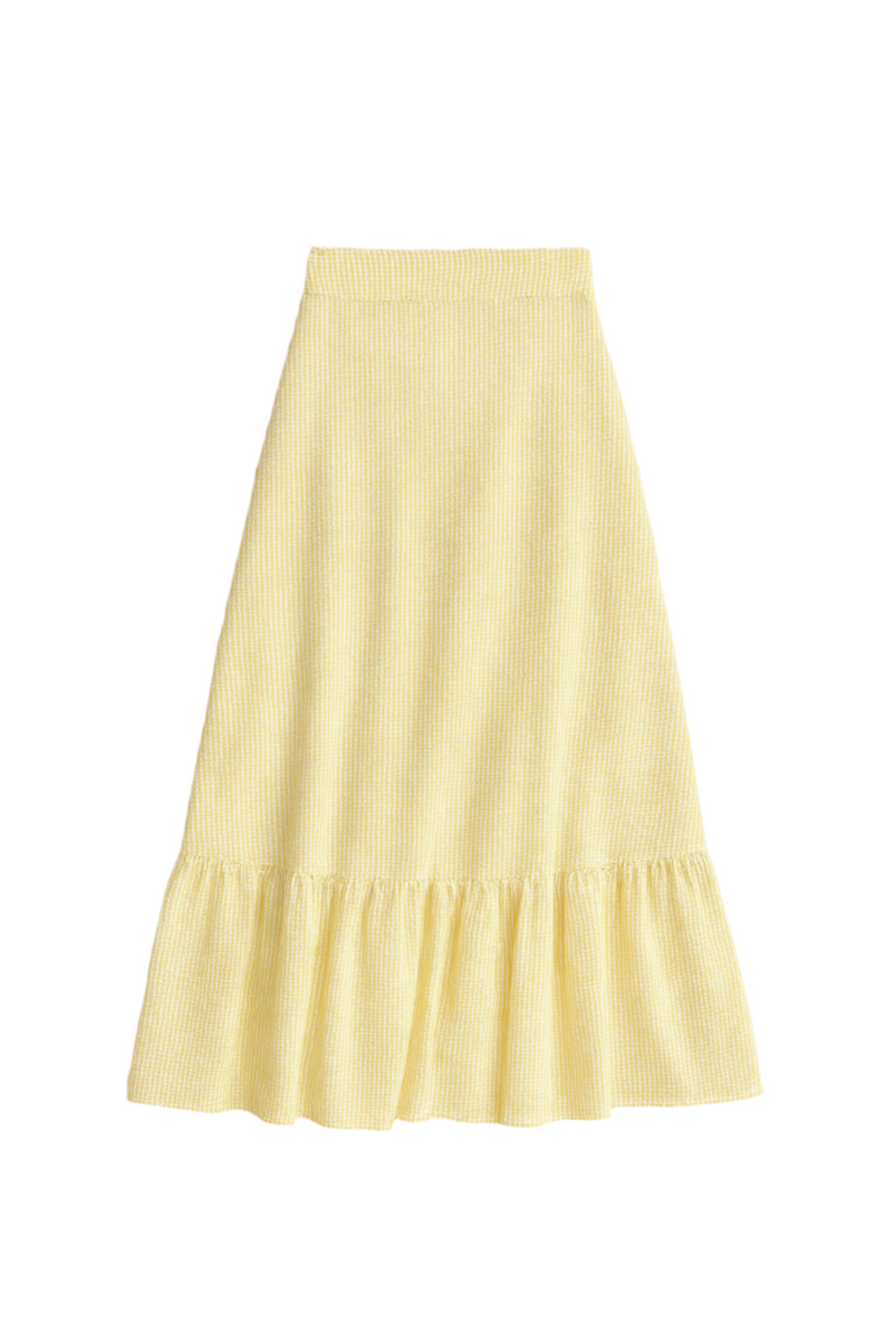 Flat lay of yellow midi ruffle skirt.